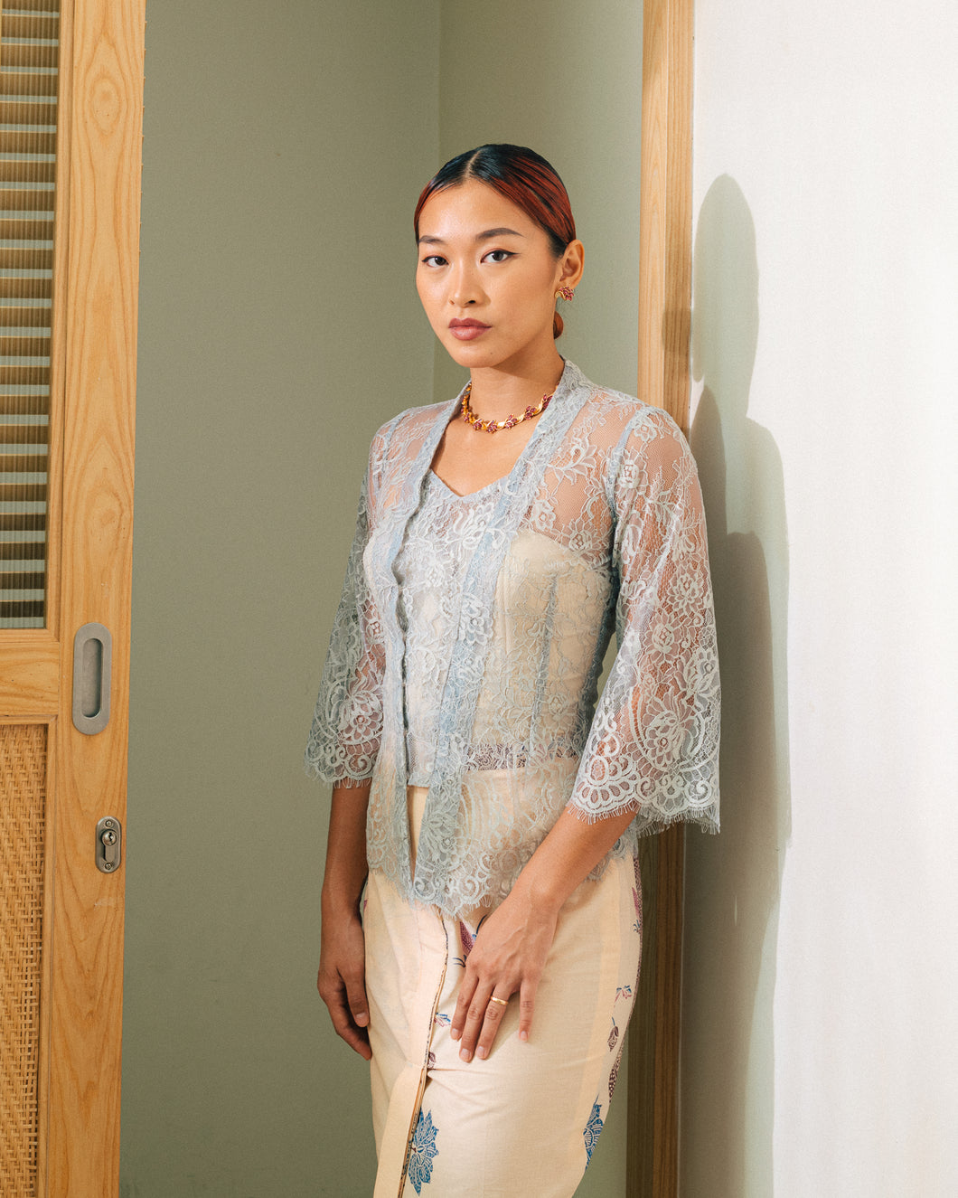 Lace kebaya top in silver